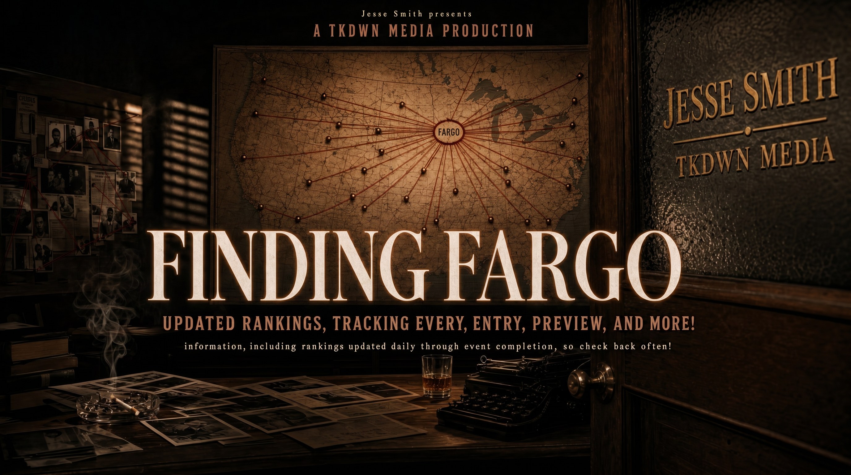 Finding Fargo — a Jesse Smith / TKDWN Media production. A noir detective's desk with a wall map of the United States, red pins marking Fargo and every state.