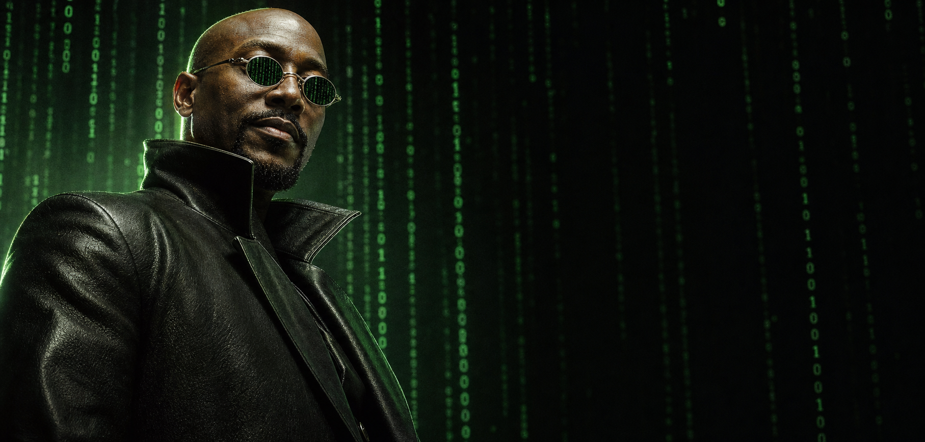NCAA section hero — stylized figure in dark trench coat with mirrored sunglasses against falling green code